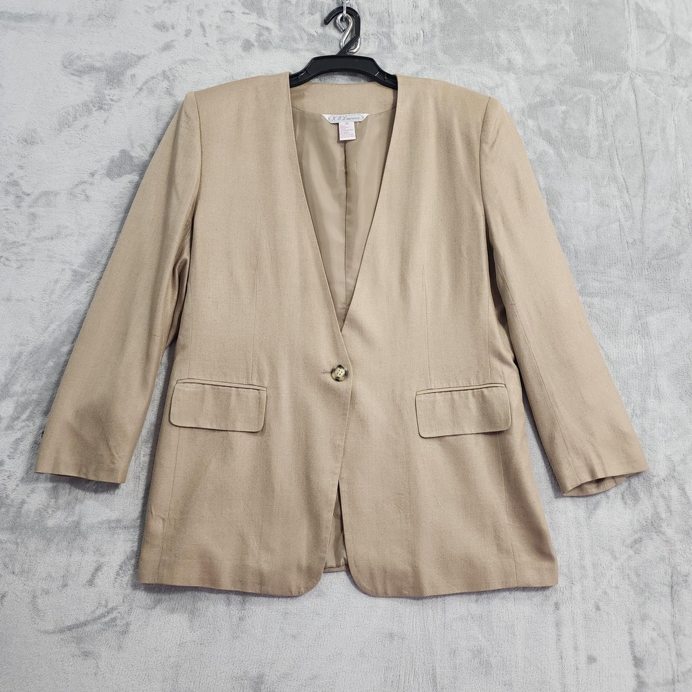 Vintage K.B. Lawrence Blazer Womens 16 Beige Silk One Button Lined Office Career